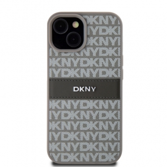 Husa telefon DKNY PU Leather Repeat Pattern Tonal Stripe pentru iPhone 15 Beige