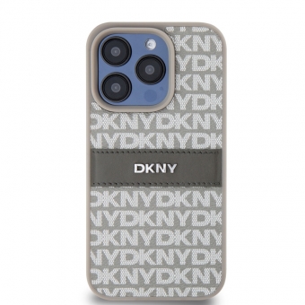Husa telefon DKNY PU Leather Repeat Pattern Tonal Stripe pentru iPhone 15 Pro Beige