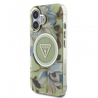 Husa telefon Guess IML Gglitter Magnolia and Triangle Logo Magsafe pentru iPhone 16 Green