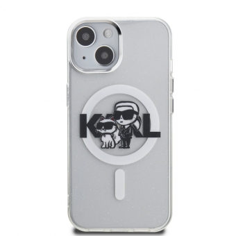 Husa telefon Karl Lagerfeld IML Glitter Karl and Choupette Sketch MagSafe Case pentru iPhone 15 Transparent