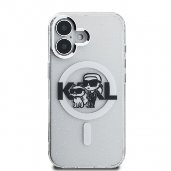 Husa telefon Karl Lagerfeld IML Glitter Karl and Choupette Sketch MagSafe Case pentru iPhone 16 Transparent