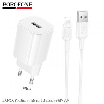 Incarcator priza Borofone BA101A 1 USB 2.1 Ah set cu cablu lightning alb