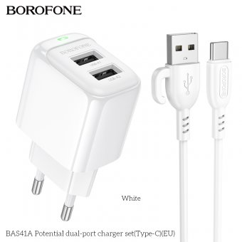 Incarcator priza Borofone BAS41A 2 USB 2.4 Ah Type-C alb