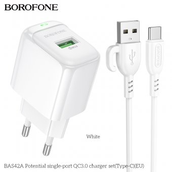 Incarcator priza Borofone BAS42A 1 USB QC 3.0 set cu cablu Type-C alb