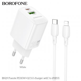 Incarcator priza Borofone BN29 Fuente PD 30W + QC3.0 cu cablu Type-C la lightning alb