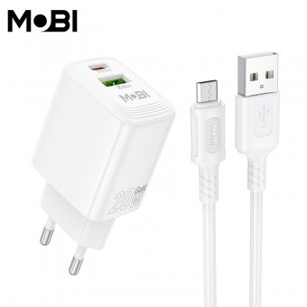 Incarcator priza Mobi MP-10 1A1C PD 20W  QC 3.0 set cu cablu USB-A la Micro alb