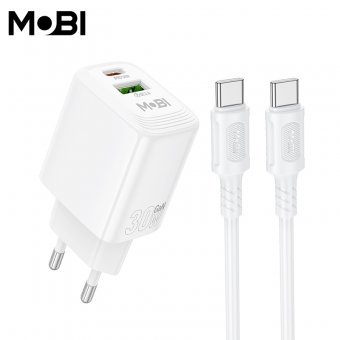 Incarcator priza Mobi MP-30 1A1C PD 30W  QC 3.0 set cu cablu USB-C la USB-C alb