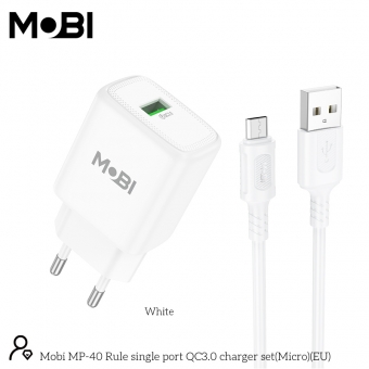 Incarcator priza Mobi MP-40 18W QC 3.0 set cu cablu USB-A la Micro alb