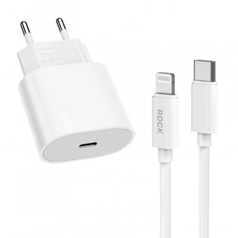 Incarcator priza Rock T18 Sugar Cube Series GaN Type-C PD 20W + QC 3.0 cu cablu Type-C la lightning alb
