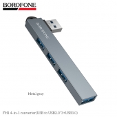 Hub USB Borofone FH1 4-in-1 USB 3.0 - Gri Metalic