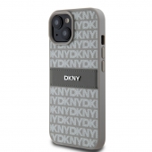 Husa telefon DKNY PU Leather Repeat Pattern Tonal Stripe pentru iPhone 15 Beige