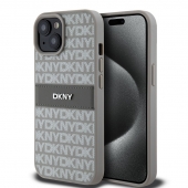 Husa telefon DKNY PU Leather Repeat Pattern Tonal Stripe pentru iPhone 15 Beige