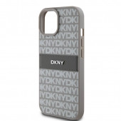 Husa telefon DKNY PU Leather Repeat Pattern Tonal Stripe pentru iPhone 15 Beige