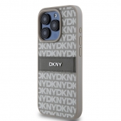 Husa telefon DKNY PU Leather Repeat Pattern Tonal Stripe pentru iPhone 15 Pro Beige