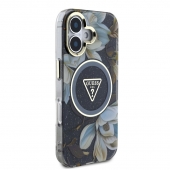 Husa telefon Guess IML Gglitter Magnolia and Triangle Logo Magsafe pentru iPhone 16 Black