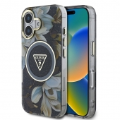 Husa telefon Guess IML Gglitter Magnolia and Triangle Logo Magsafe pentru iPhone 16 Black