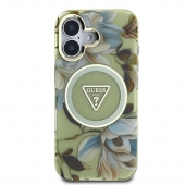 Husa telefon Guess IML Gglitter Magnolia and Triangle Logo Magsafe pentru iPhone 16 Green