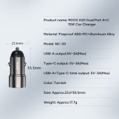 Incarcator auto Rock H20 USB + Tip C 15W 3A fara cablu gri inchis