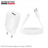 Incarcator priza Borofone BA101A 1 USB 2.1 Ah set cu cablu lightning alb