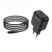 Incarcator priza Borofone BA46A Premium PD + QC3.0 cu cablu lightning negru
