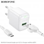 Incarcator priza Borofone BAS42A 1 USB QC 3.0 set cu cablu micro alb