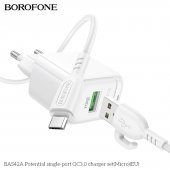 Incarcator priza Borofone BAS42A 1 USB QC 3.0 set cu cablu micro alb