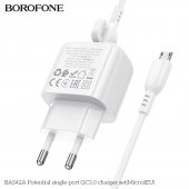 Incarcator priza Borofone BAS42A 1 USB QC 3.0 set cu cablu micro alb