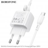 Incarcator priza Borofone BAS42A 1 USB QC 3.0 set cu cablu Type-C alb