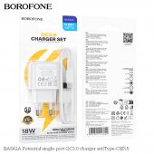 Incarcator priza Borofone BAS42A 1 USB QC 3.0 set cu cablu Type-C alb