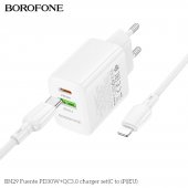Incarcator priza Borofone BN29 Fuente PD 30W + QC3.0 cu cablu Type-C la lightning alb