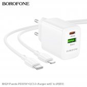 Incarcator priza Borofone BN29 Fuente PD 30W + QC3.0 cu cablu Type-C la lightning alb