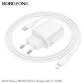 Incarcator priza Borofone BN29 Fuente PD 30W + QC3.0 cu cablu Type-C la lightning alb