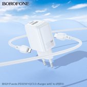 Incarcator priza Borofone BN29 Fuente PD 30W + QC3.0 cu cablu Type-C la lightning alb