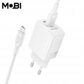 Incarcator priza Mobi MP-10 1A1C PD 20W  QC 3.0 set cu cablu USB-A la Micro alb