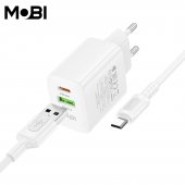 Incarcator priza Mobi MP-10 1A1C PD 20W  QC 3.0 set cu cablu USB-A la Micro alb