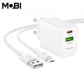 Incarcator priza Mobi MP-10 1A1C PD 20W  QC 3.0 set cu cablu USB-A la Micro alb