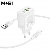Incarcator priza Mobi MP-10 1A1C PD 20W  QC 3.0 set cu cablu USB-A la Micro alb