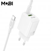 Incarcator priza Mobi MP-30 1A1C PD 30W  QC 3.0 set cu cablu USB-C la USB-C alb