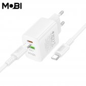 Incarcator priza Mobi MP-30 1A1C PD 30W  QC 3.0 set cu cablu USB-C la USB-C alb