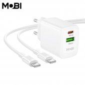 Incarcator priza Mobi MP-30 1A1C PD 30W  QC 3.0 set cu cablu USB-C la USB-C alb