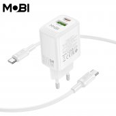 Incarcator priza Mobi MP-30 1A1C PD 30W  QC 3.0 set cu cablu USB-C la USB-C alb