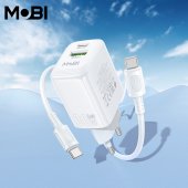 Incarcator priza Mobi MP-30 1A1C PD 30W  QC 3.0 set cu cablu USB-C la USB-C alb