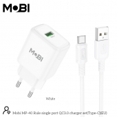 Incarcator priza Mobi MP-40 18W QC 3.0 set cu cablu USB-A la USB-C alb