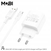 Incarcator priza Mobi MP-40 18W QC 3.0 set cu cablu USB-A la USB-C alb