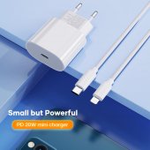Incarcator priza Rock T18 Sugar Cube Series GaN Type-C PD 20W + QC 3.0 cu cablu Type-C la lightning alb