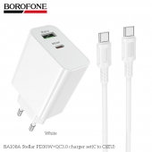 Incarcator retea Borofone BA108A Stellar PD30W + QC3.0 cu cablu USB-C la USB-C alb